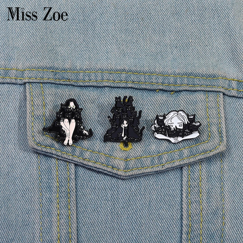 Black Cat Girl Enamel Pins Custom Girl Hugging Cat Brooches Lapel Badges Clothes Punk Gothic Jewelry Gift for Friends
