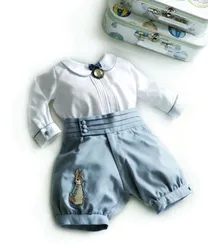 0-12Y Baby Boy Summer Rabbit Embroidery Letter Customized Blue Rompers White Shirt Set for Easter Eid Birthday