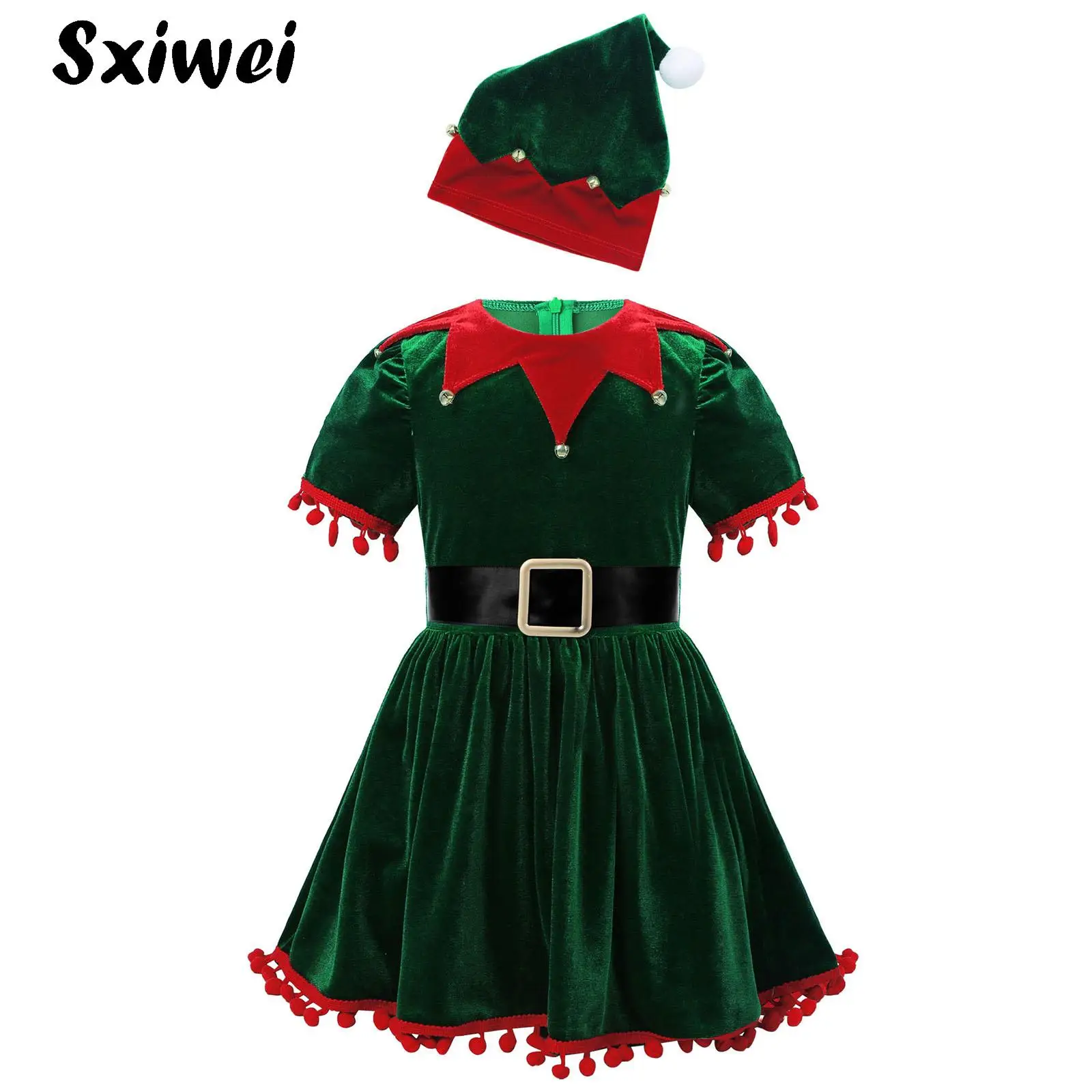 

Green Velvet Kids Girl Christmas Elf Costumes New Year Dance Party Halloween Santa Claus Cosplay Fancy Tutu Dress with Hat Set
