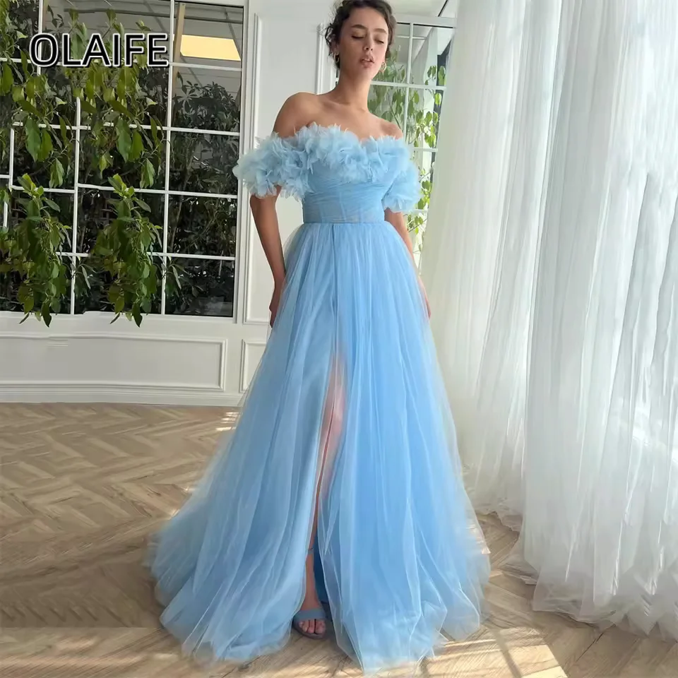 

A-Line Flowers Tulle Off The Shoulder Evening Party Gowns Criss-Cross Sweep Train Slit Customized Sleeveless vestidos de fiesta