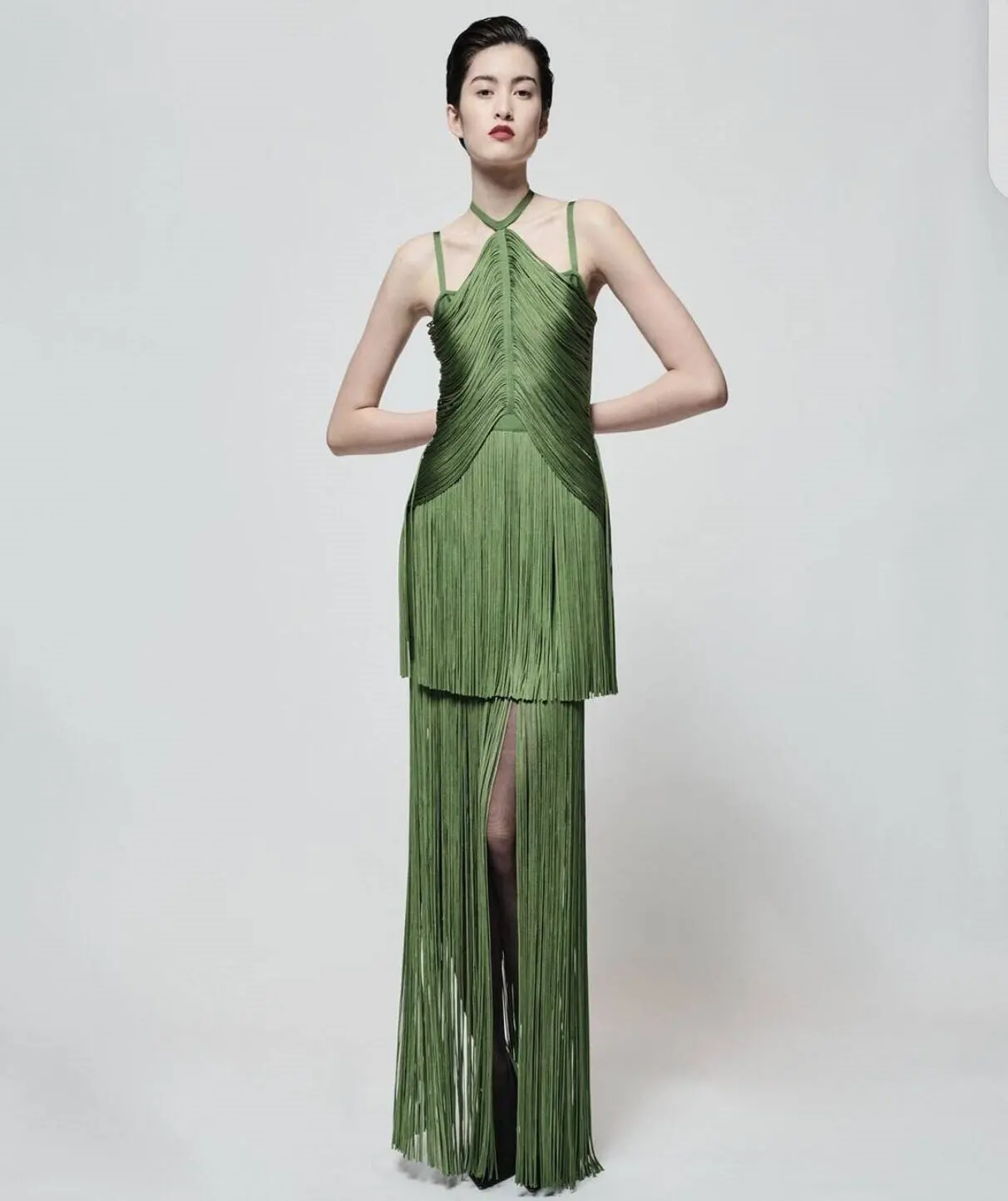2024 Women Green Fringed Bandage Dress Elegant Halter Spaghetti Strap Bodycon Ankle Length Celebrity Evening Party Gala Dress