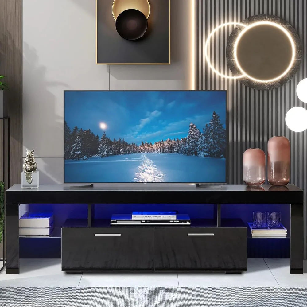 Modern LED TV Stand with Storage and LED Lights for 55/65/70/75 inch TV, Black TV Console Table with High Glossy Entertainment