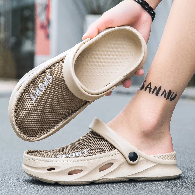 Letnie nowe buty plażowe z grubą podeszwą do noszenia na zewnątrz Casual Mesh antypoślizgowe odporne na zużycie sandały antypoślizgowe dziura męskie sandały