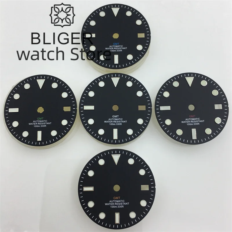 BLIGER Watch Dial 29mm NH34 NH35 Dial Green Blue Red Black Orange GMT Mark Dial Fit GMT NH34 NH35 Movement Green Luminous