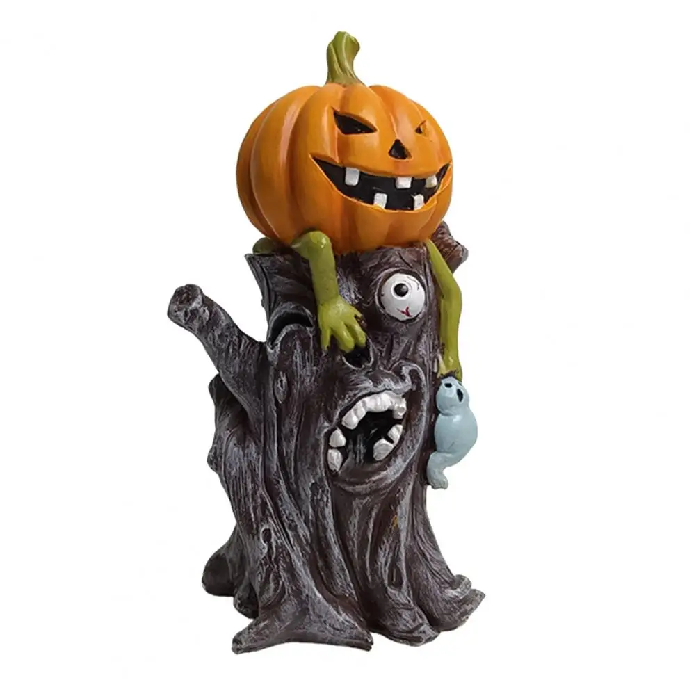 Halloween Pumpkin Ornament Outdoor Pumpkin Decor Spooky Halloween Pumpkin Stump Ghost Statue Resin Figurine for Desktop