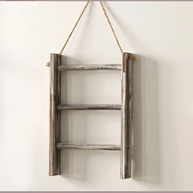 

Solid Wood Towel Rack Shower Retro Storage Shelf Washrooms Hanging Solid Ladder Frame Home Non Perforated Display Wall Rack