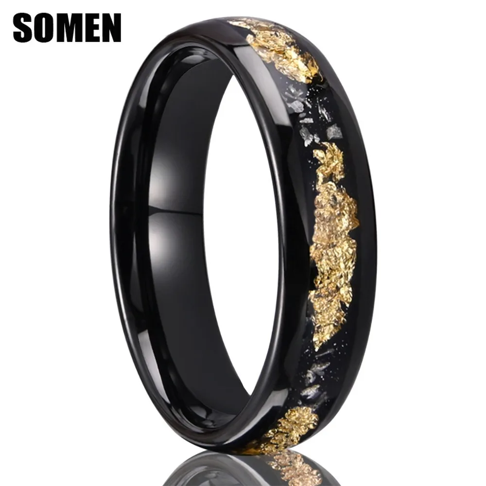 Somen 6mm Dome Tungsten Wedding Bands Ring For Men Gold Color Foil Meteorite Inlay Engagement Rings Male Jewelry Comfort Fit
