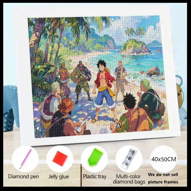 

1PC One Piece Luffy & Straw Hat Crew Tropical Beach 5D DIY Diamond Painting Kit, Full Drill Anime Character Crystal Art Set for