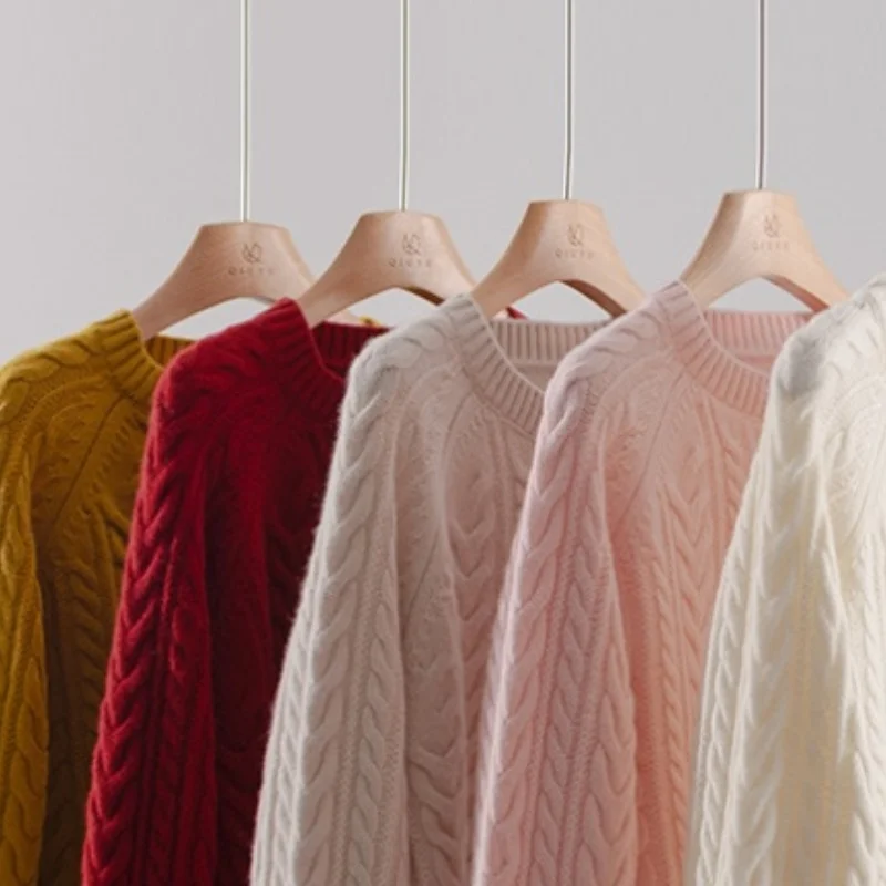 Birdtree Sweater Rajut Solid 100% Wol Domba yang Hangat, Wanita Teknik Twist Kerah O Lengan Panjang Pullover Musim Gugur T59459JF