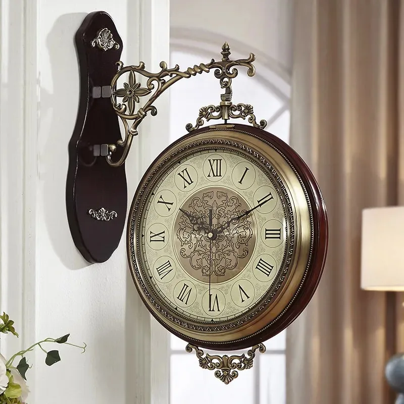 Aishida solid wood European double-sided wall clock metal clock American creative two-sided clock living room silent decorative