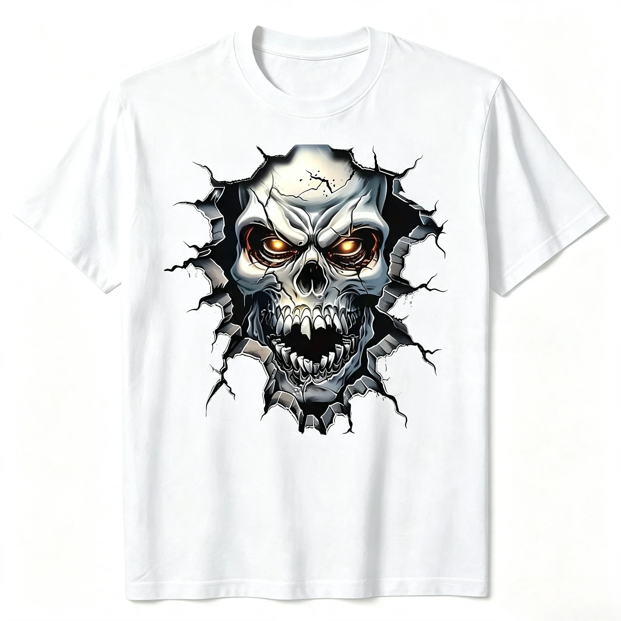 Through Wall Fierce Skull Art T-shirt omen Halloween Cool Skeleton Printed Tee Loose Daily Trendy Tops