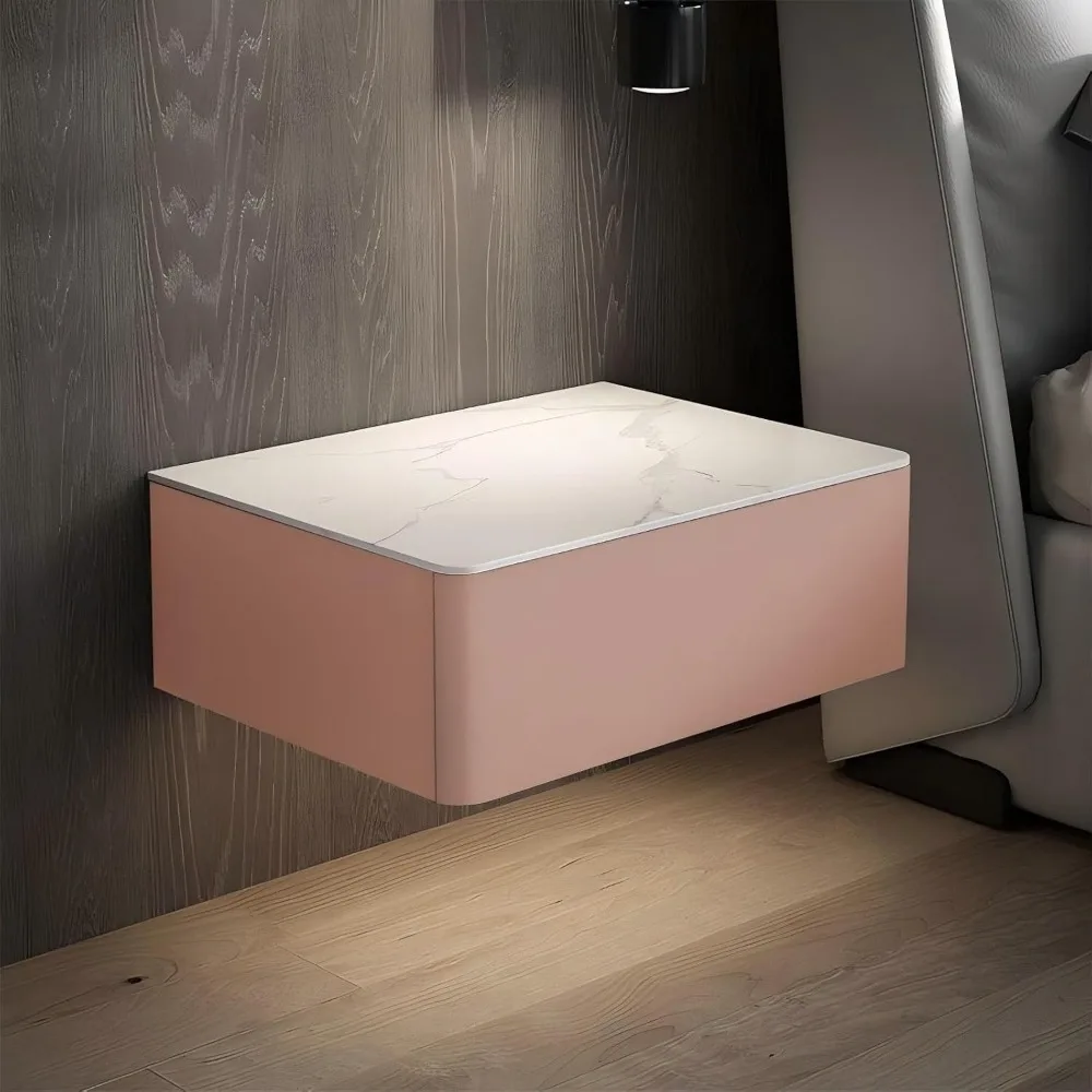 Penyimpanan Dinding Kontemporer dengan Permukaan Batu dan Nakas Laci Terapung