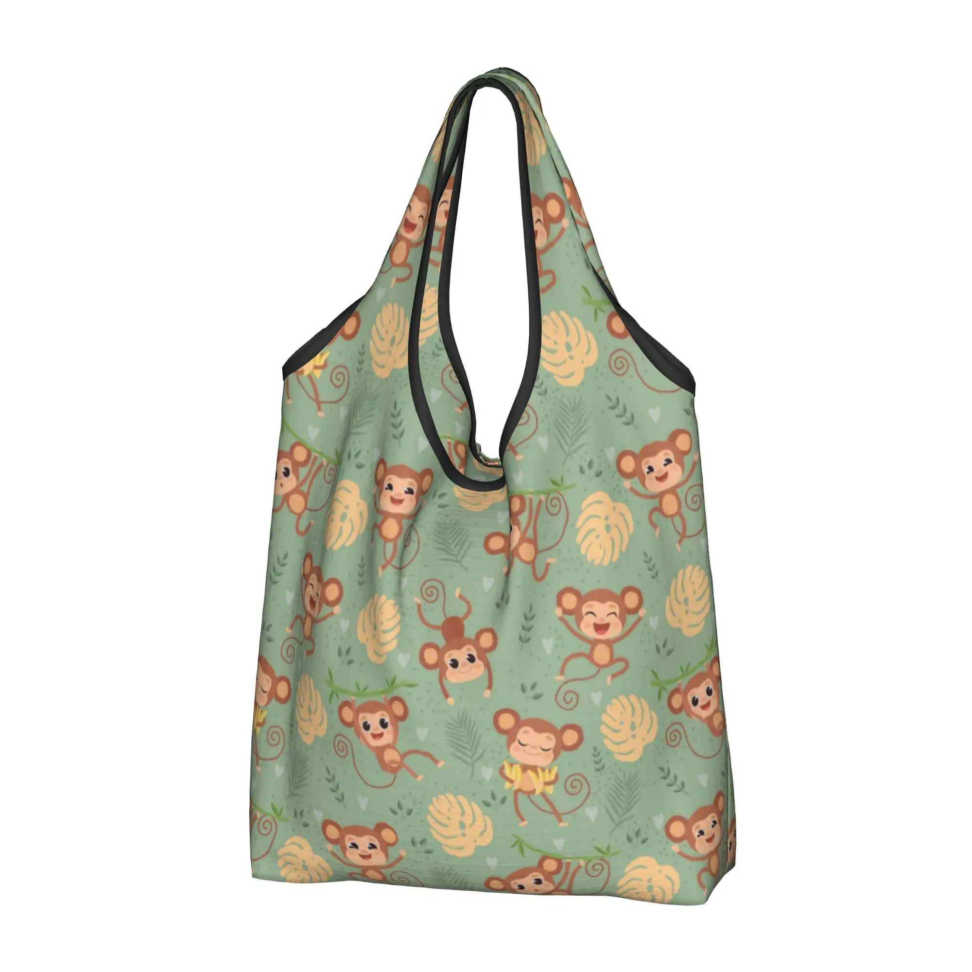 Funny  Colourful Monkey Printed  Grocery Shopping Bag Custom Shopper Tote Shoulder Bags Lovely Seamless Banana Pattern  Handbag