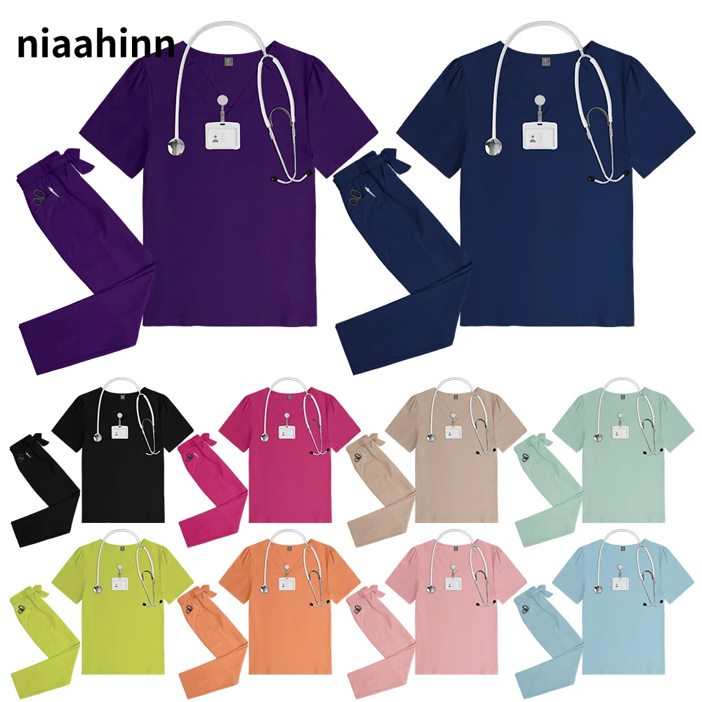 

Multi Color Beautician Spa Work Suit Nurse Accessories Pet Hospital Uniform Scrubs Suits Women Short Sleeve Medical Uniforms Set