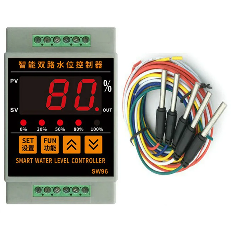 SW96 2CH Smart Home Water Percentage Display Level Controller with 5 Line Probes Alarm Swimming Vape Tank Flow Detector System