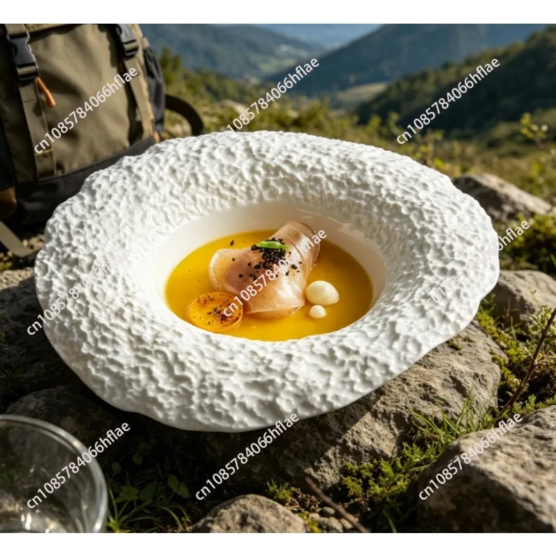 White Imitation Rock Grain Ceramic Straw Hat Plates, Multifunctional Deep Soup Pasta Salad Plates, Premium Home Dinner Tableware
