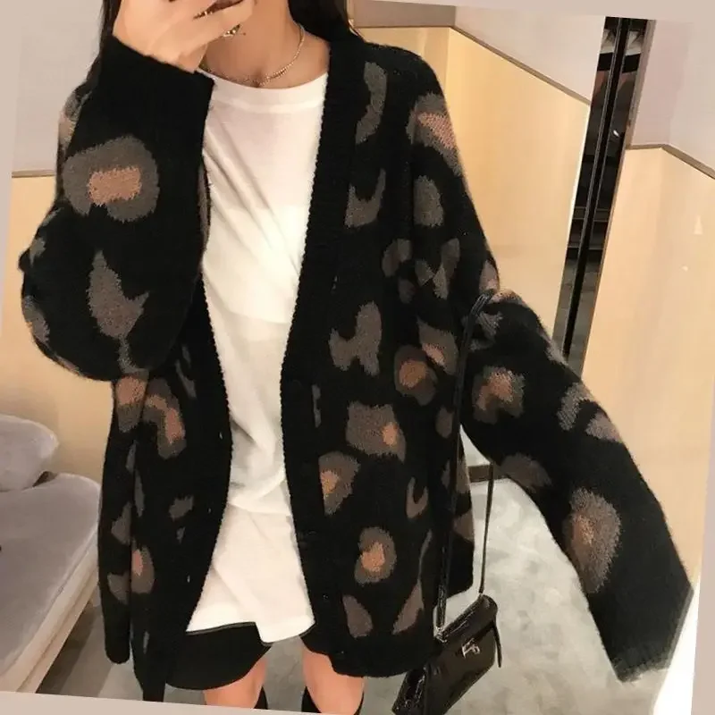 Woman Sweaters Cardigan Leopard-Print Sweater Coat Loose Spring V-neck Long-Sleeved Knitted Cardigan Sueters De Mujer