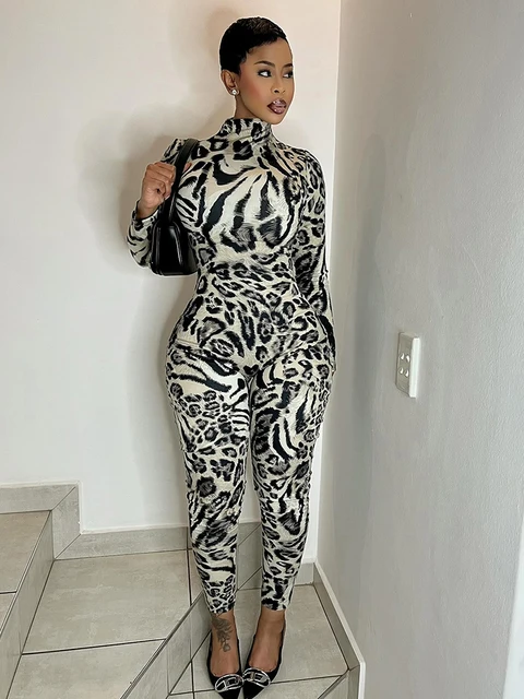 Sisterlinda Fitness Jumpsuit Women Sexy Zip Leopard Print Full Sleeve Streetwear Activity Workout Casual Tight Stretch Overalls