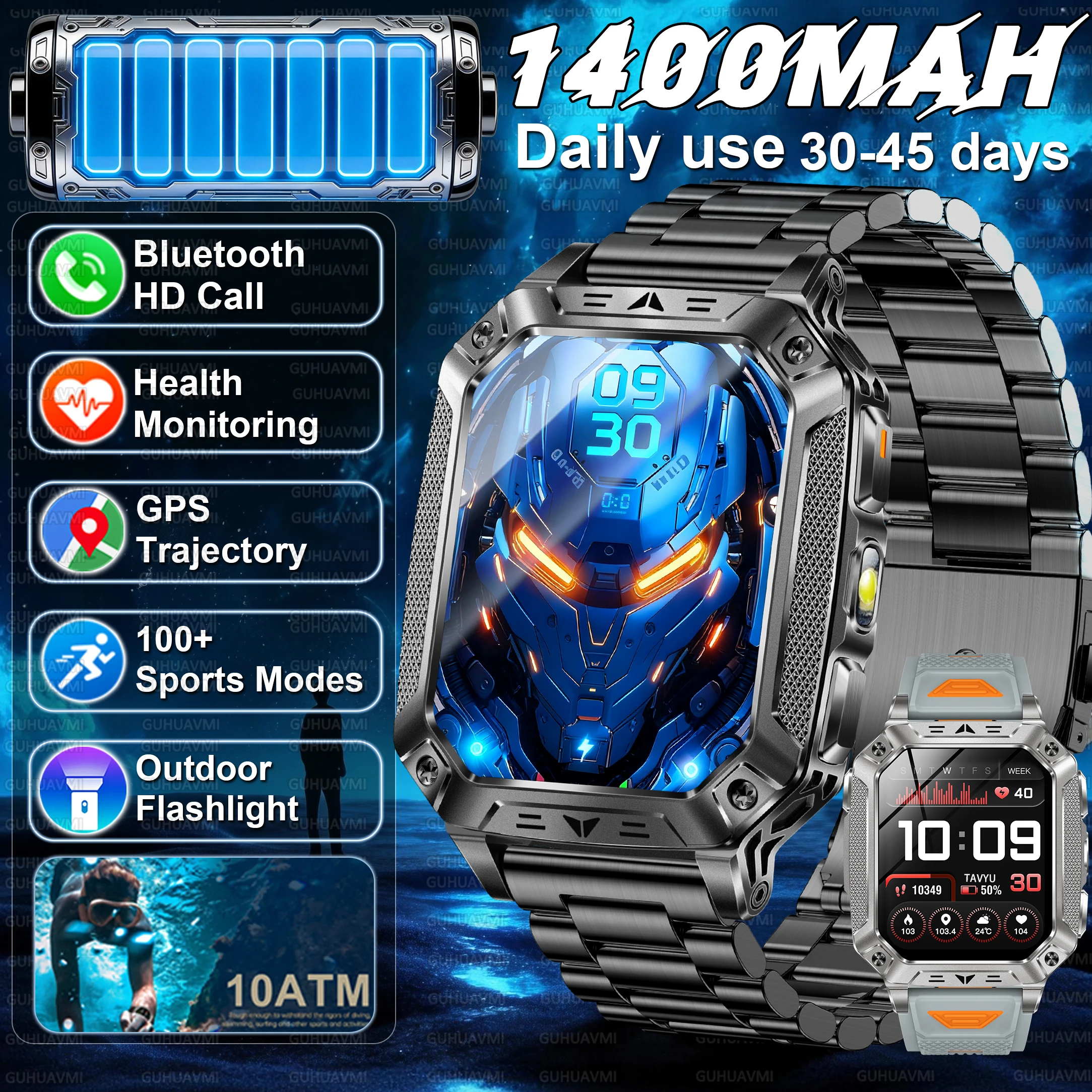 

2026 New 1400mAh Battery Smart Watch 2.01" Ultra HD AMOLED Screen GPS BT Call 10ATM Waterproof Sports Fitness Smart watch Men