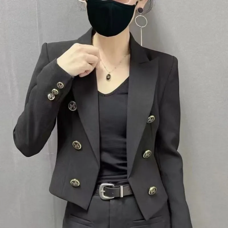 Frühling Herbst Schwarz Blazer frauen Abgeschnitten Jacke Zweireiher Langarm Top Büro Dame Mantel Schlanke Design frauen kleidung
