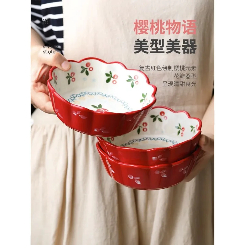 Japanese ceramic fruit salad bowl cute ins wind rice bowl high value creative cherry tableware set home.