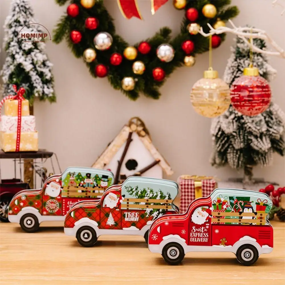 

Car Shape Christmas Candy Box Santa Claus Snowman Cookie Tinplate Box Christmas Car Ornament Iron Gift Packing Box
