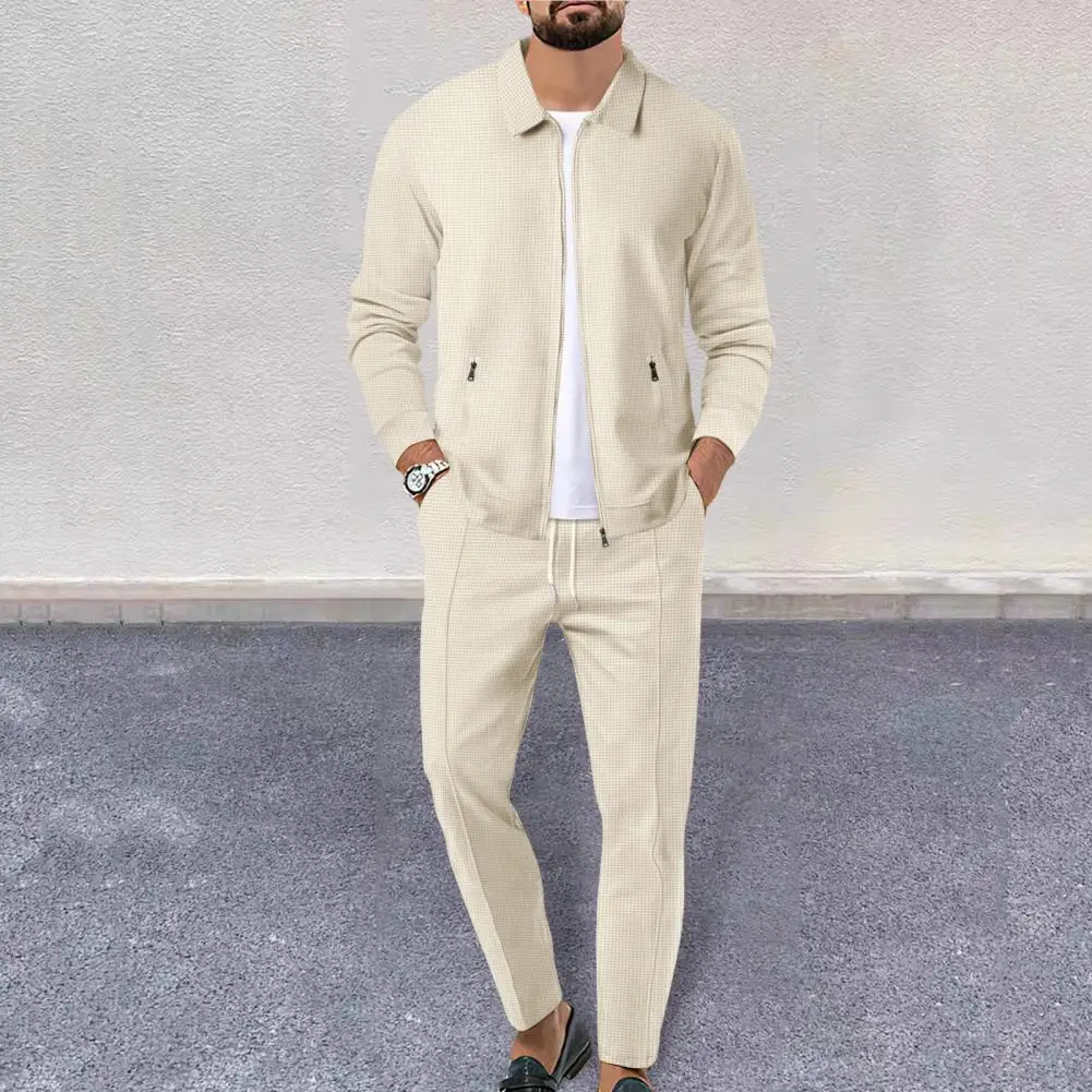 Solid Color Autumn Suit Men's Casual Waffle Texture Suit Set with Zipper Placket Cardigan Drawstring Waist Pants for Comfort