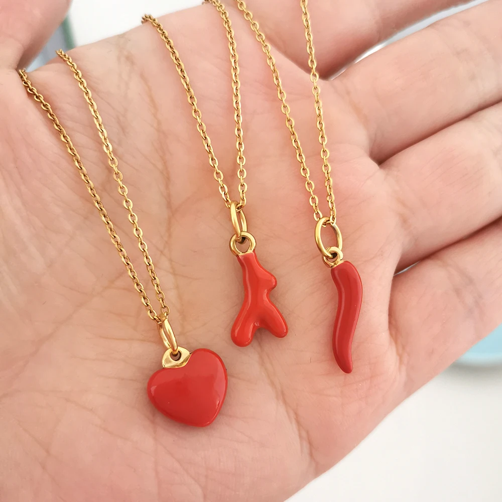 QMHJE Women Pendant Necklace Stainless Steel Red Pepper Coral Heart Slim Choker Gold Color Waterproof Sex Elegant Gift Wholesale