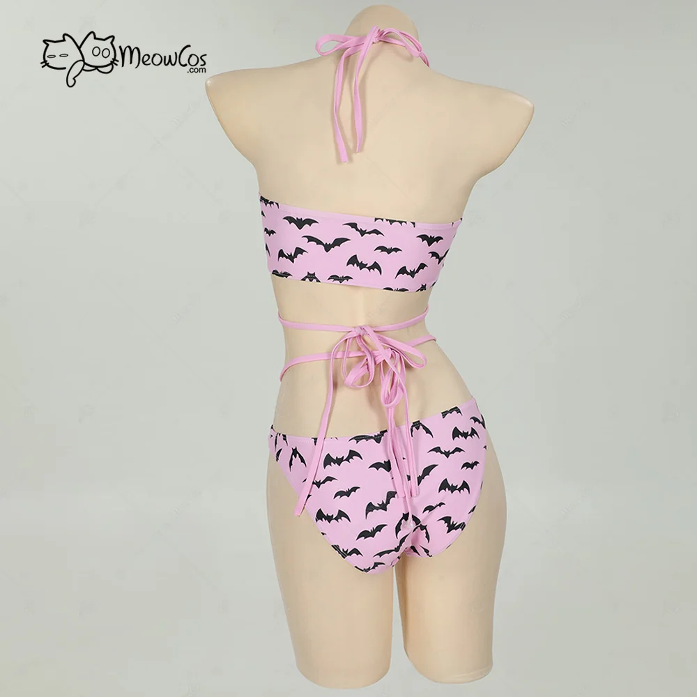 MEOWCOS Women Gothic Bat Pink Bikini Set Swimsuit Heart Buckle Halter Lace-up Top and Triangle Panty Bathing Suit Swimwear