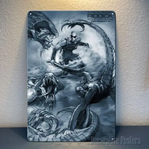 Póster de metal de la película Riddick, letrero de vinilo, tamaño: 20x30cm, letrero de aluminio