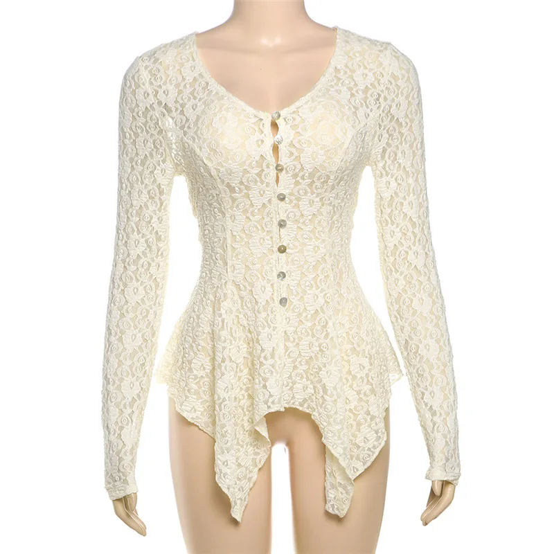 المرأة سترة تي شيرت الخريف الربيع بلون مثير الجوف خارج غير النظامية هيم الدانتيل معطف بأكمام طويلة الزي لفتاة عادية