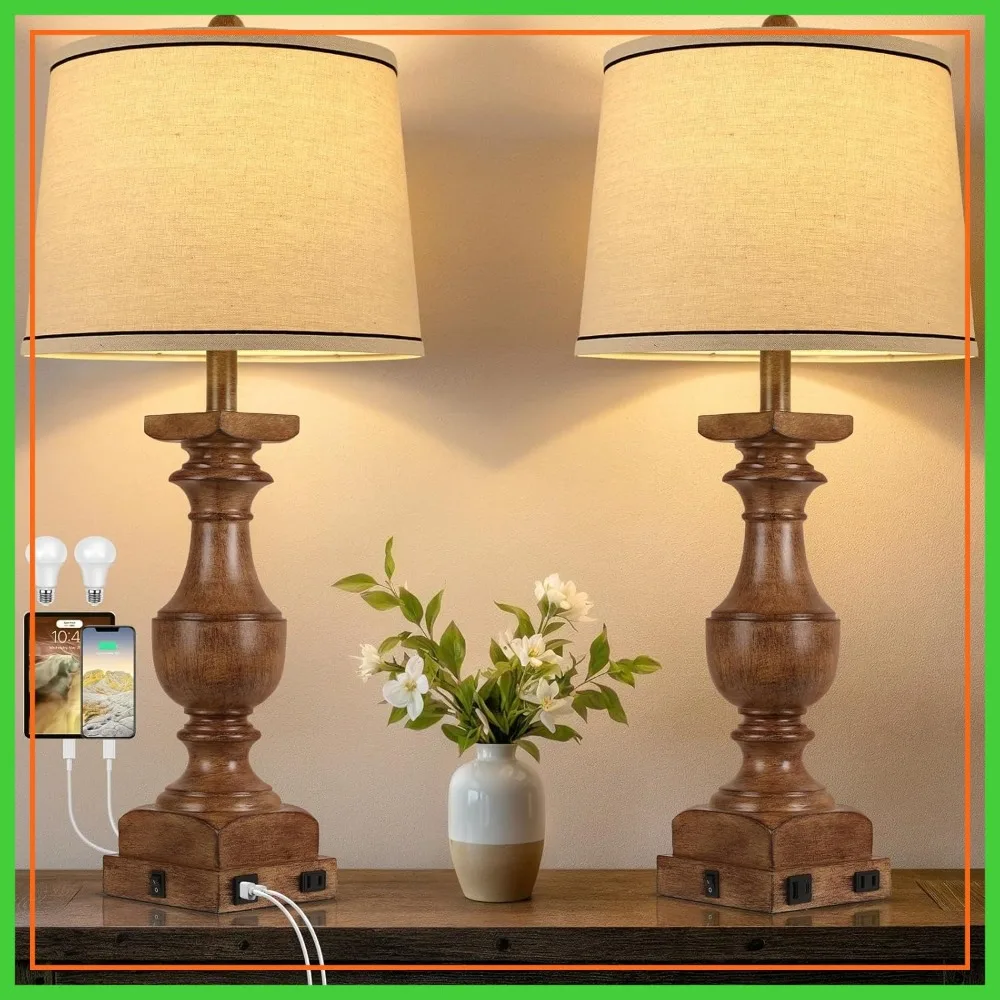 

28" Resin Desk Lamp Set of 2, Farmhouse Bedside Lamps with Linen Shades, USB A+C Ports, Bulb Included