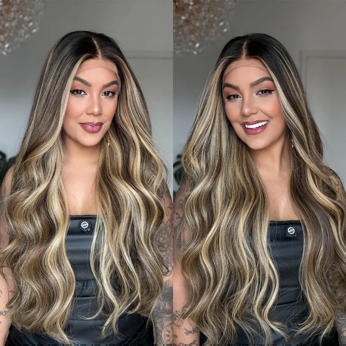 

Ombre Коричневый Блондин Парик Фронта Шнурка Натуральная Волна Бесклеевой Парик Термостойкий Синтетический Объемная Волна Бесклеевой Светлый Парик для Ежедневного Использования