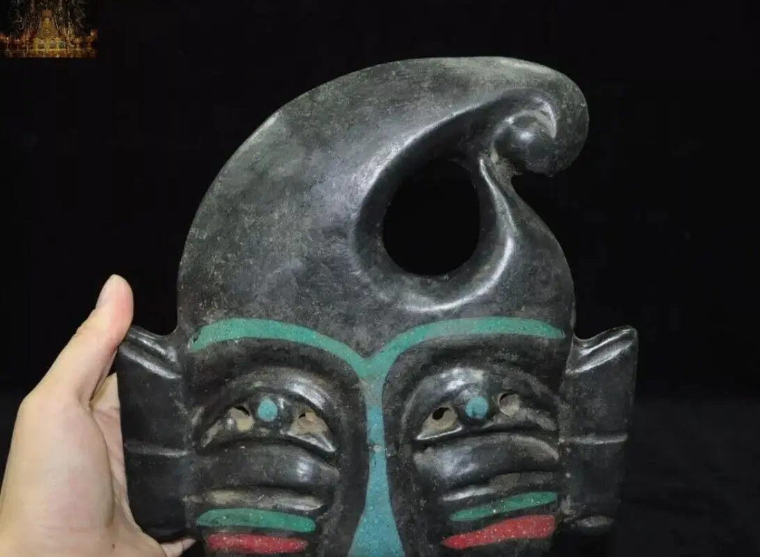 Rare Hongshan Culture Meteorite iron（Black magnet）Carved People Face Mask Statue