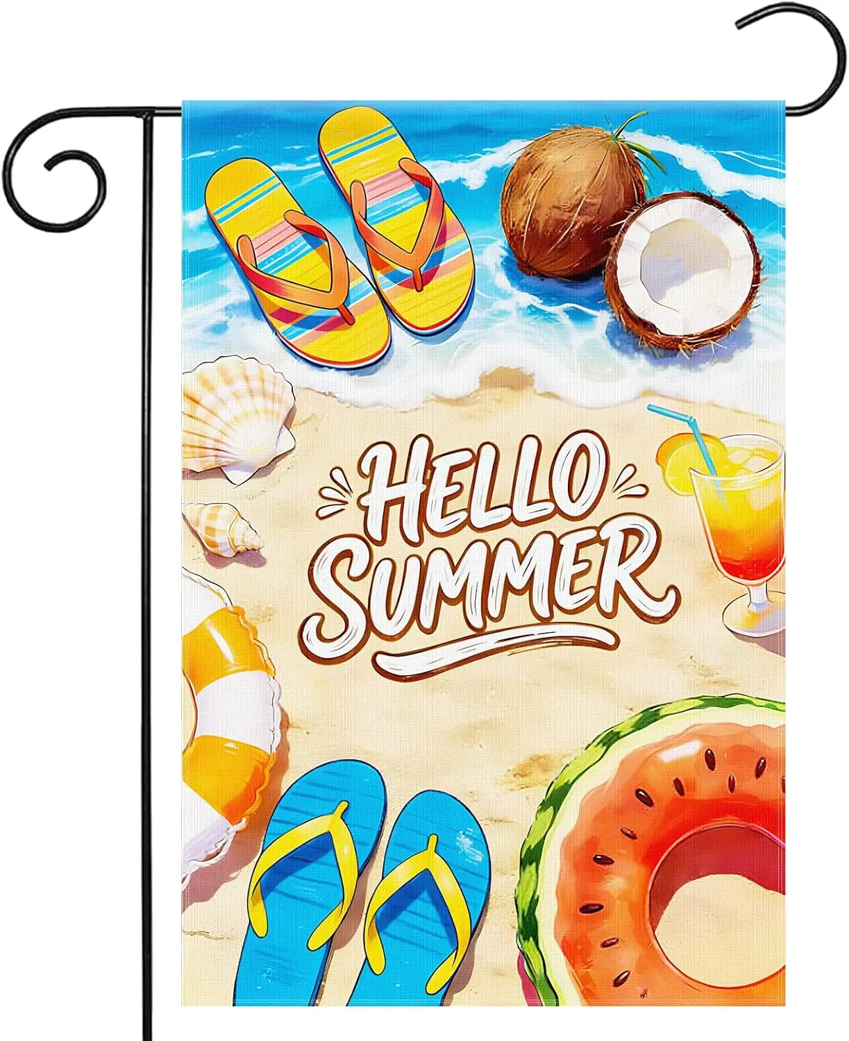 12 x 18 Inches Hello Summer Garden Flag  Double-Sided Beach Flip Flops Coconut Watermelon Pool Float Seashell Coastal Yard  MMZ