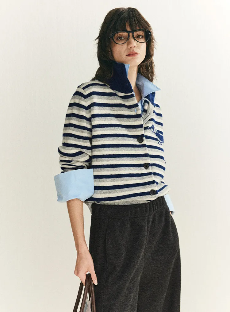 Spring and autumn new striped turtleneck women's sweater cardigan 100% pure cashmere thick warm sweater
