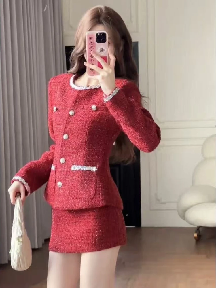 Ano novo elegante festa de duas peças conjunto feminino vermelho tweed terno blazer + mini saia terno botões rendas chique moda conjunto eventos 2025 novo