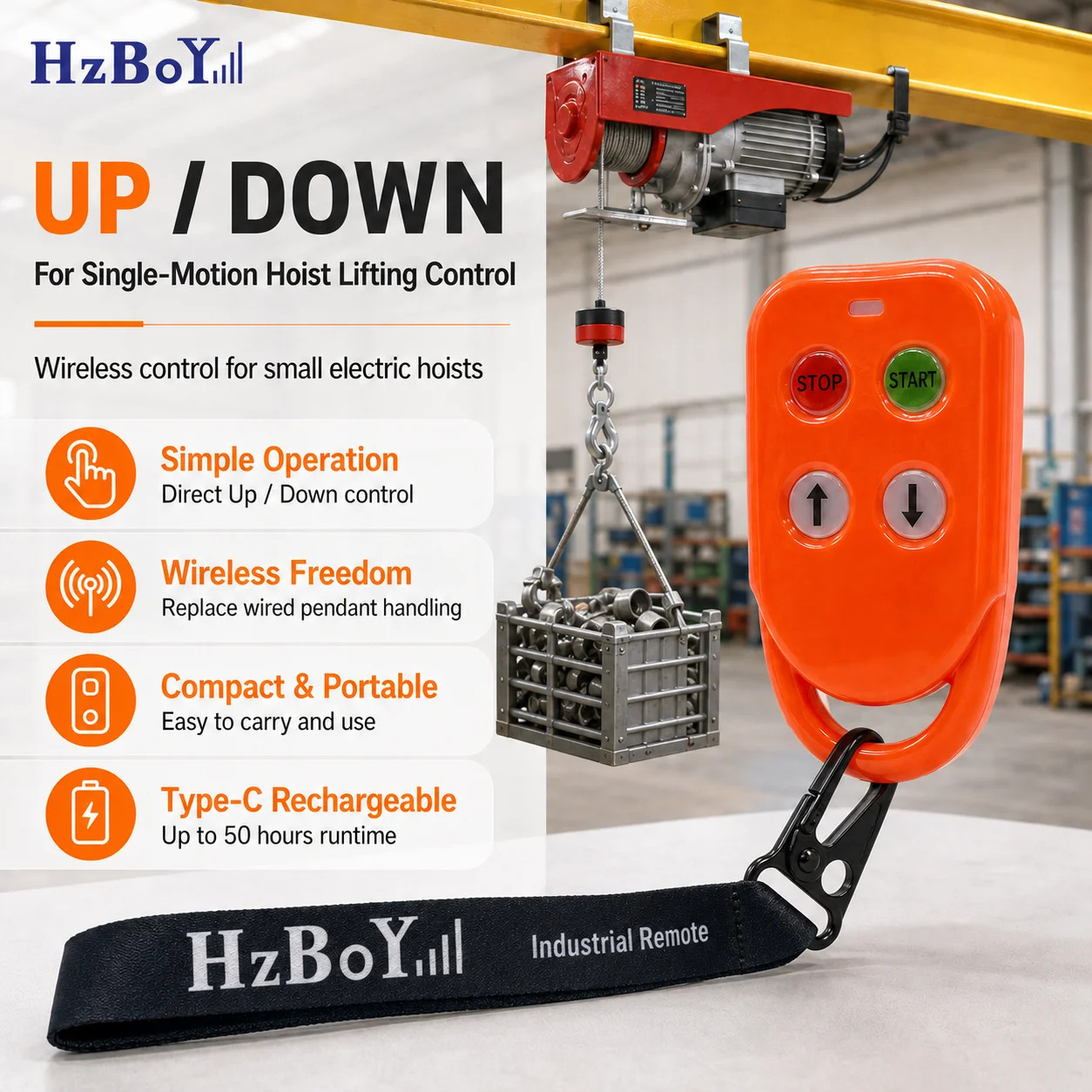 HZBOY M2 Industrial Wireless Remote Control 2-Button Switch for Electric Hoist Winch Crane Lift - Waterproof IP65 12V 24V 220V