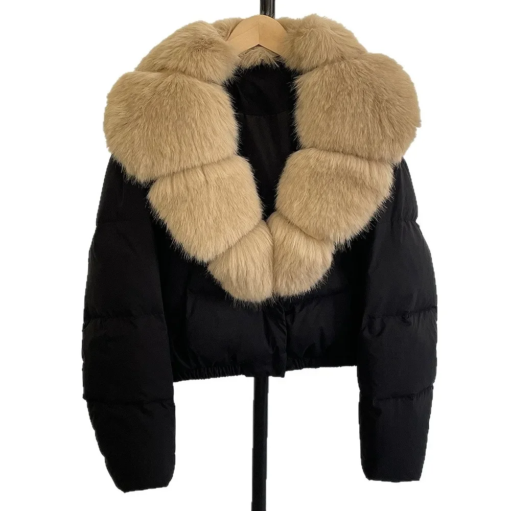 الشتاء المرأة قصيرة أسفل سترة الثعلب الفراء طوق دافئ المألوف الأبيض بطة أسفل تنوعا ملابس خارجية معطف سميك كم طويل #5