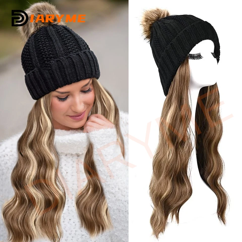 

Beanie Hat Wig Knit Hat with Hair for Women Girls Synthetic Long Wavy Hair Extension for Winter Hairpieces Attached Knitted Hat