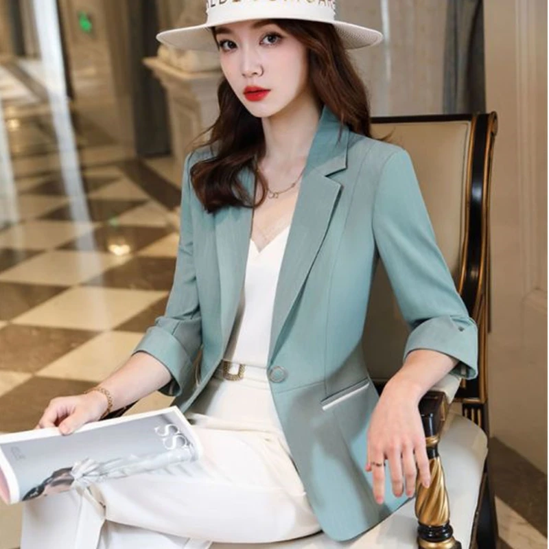 Women's Suit Coats 2022 Spring Autumn Korean Office Lady Graceful Slim Three Quarter Blazers Work Clothing Female Classic Jacket