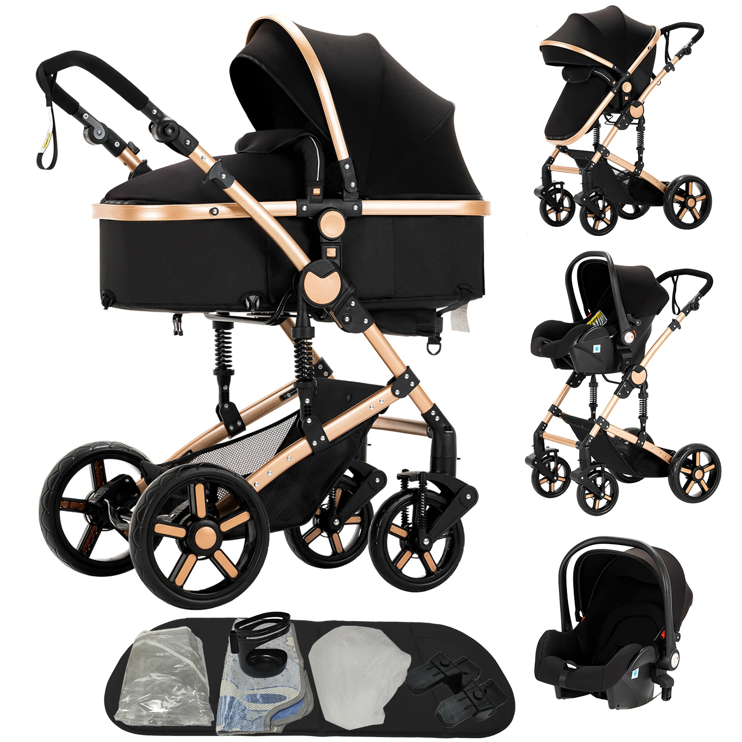 3-in-1 Babywandelwagen met autostoel, kinderwagen, zit- en ligstand, voor pasgeborenen, tweerichtings duwbaar, opvouwbaar reissysteem