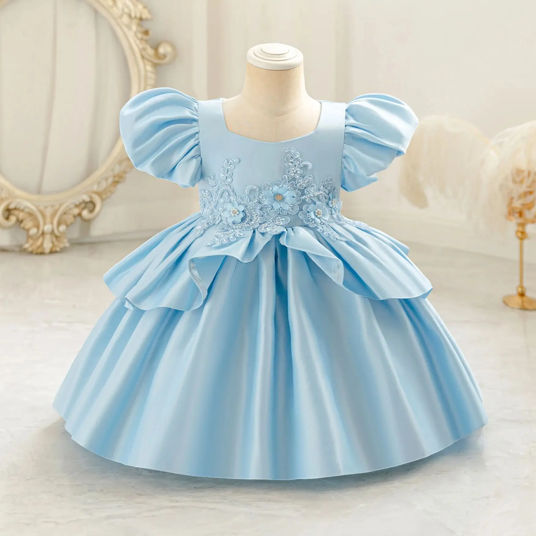 HETISO Baby Girls Appliques Flower Solid Satin Princess Fashion Dresses Ball Gown for Party Birthday New Year 6M-4 Years