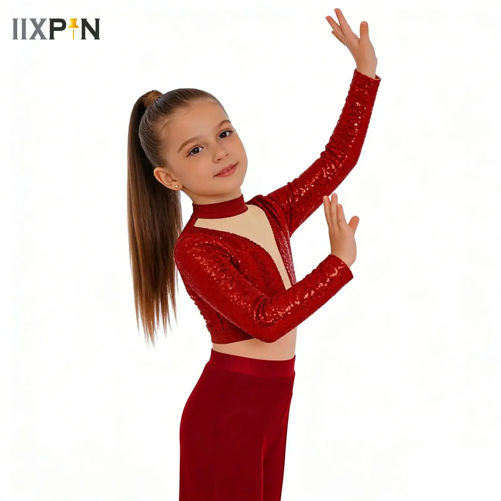 

Girls Glitter Cheer Dance Top Sequins Long Sleeve Crop Top Ballet Ballroom Performance Costume for Latin Jazz Figure Skating
