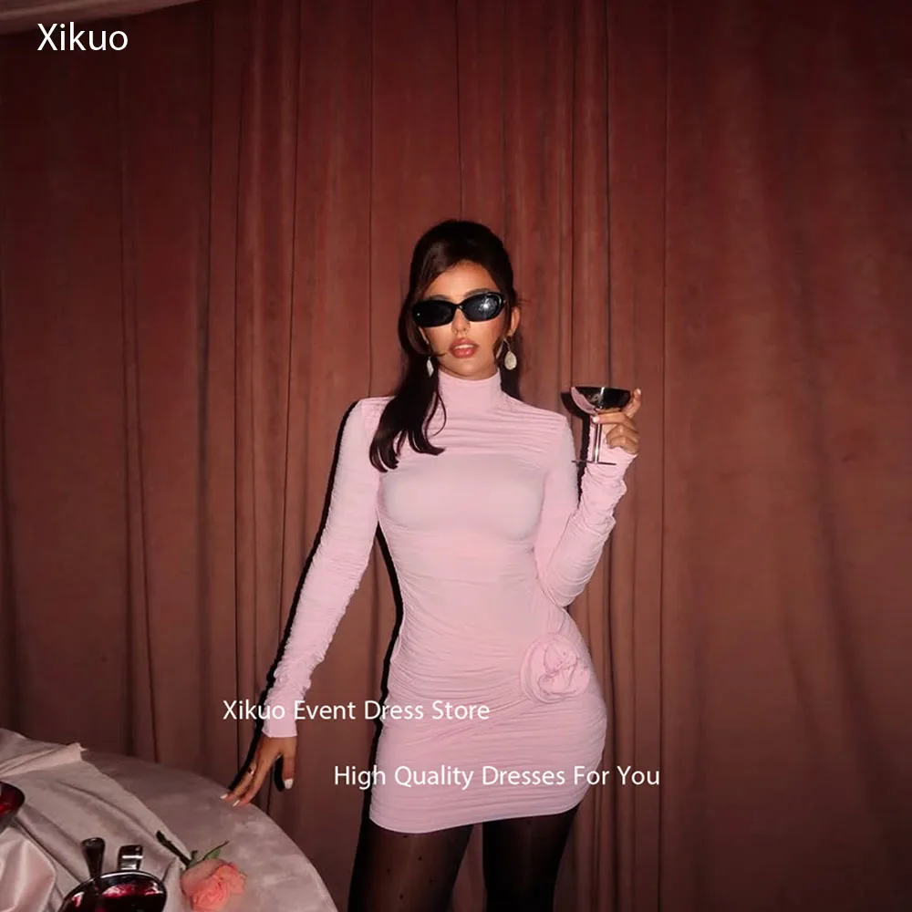 

Xikuo Bodycon Fit 3D Flower Prom Gowns Pink High Neck Ruched Evening Dresses Long Sleeves Birthday Party Dresses Customized