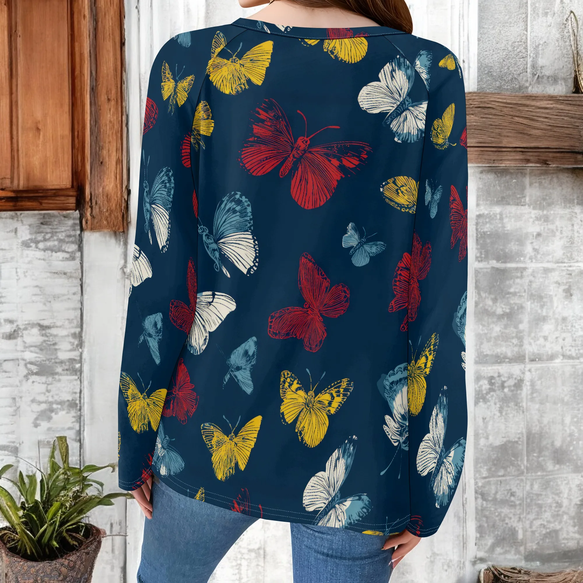 Camicette a farfalla da donna Camicie a tunica a maniche lunghe autunnali eleganti e casual Felpe con pullover grafico vestibilità ampia