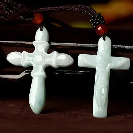 1pc Natural Emerald Jesus Cross Jade Pendant Beads Necklace Charm Jewellery Fashion Hand-Carved Man Woman Luck Amulet Gifts NEW