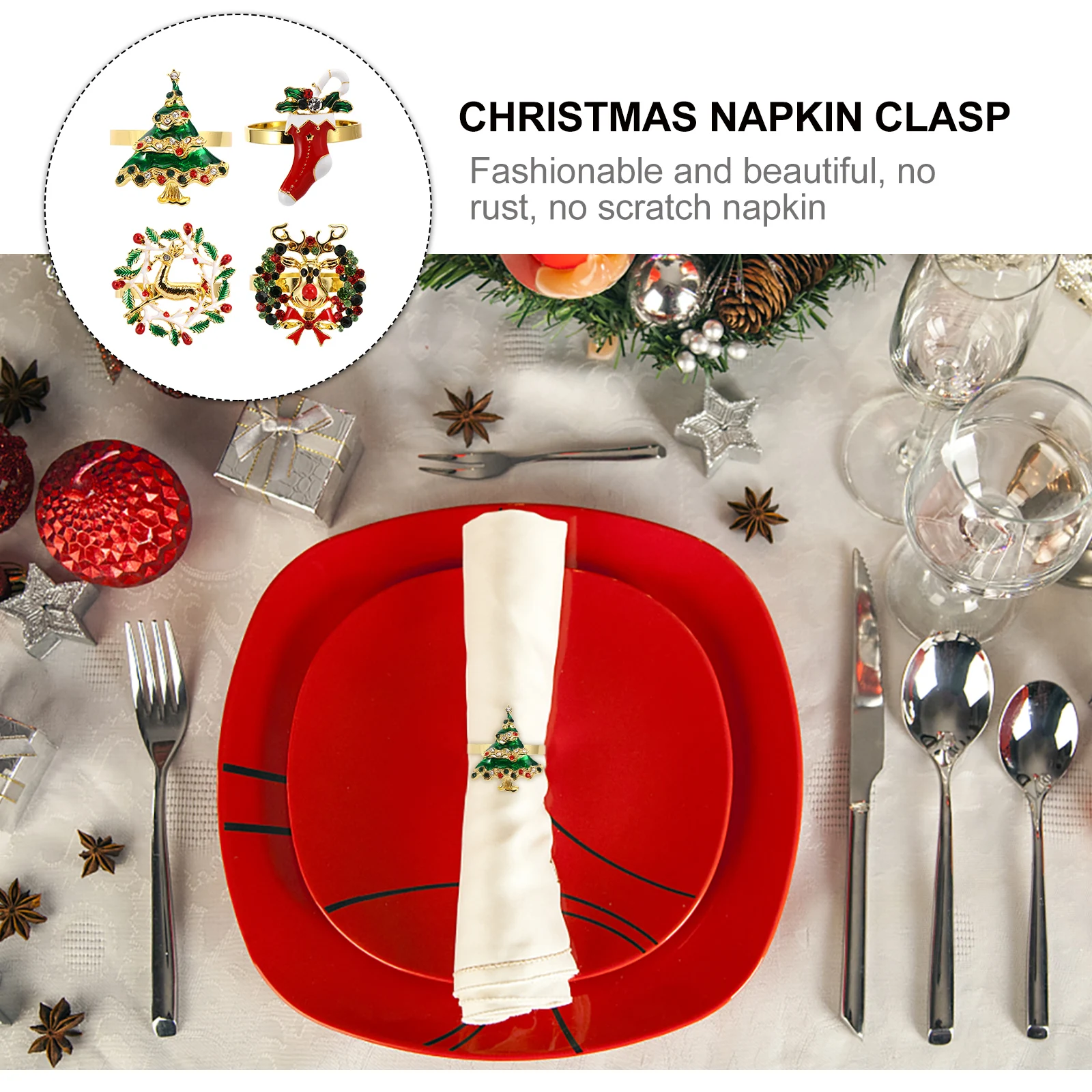 

4pcs Alloy Rings Shiny Elegant Decorative For Christmas Party Xmas Napkin Holder Unique Xmas Napkin Ring Clasps