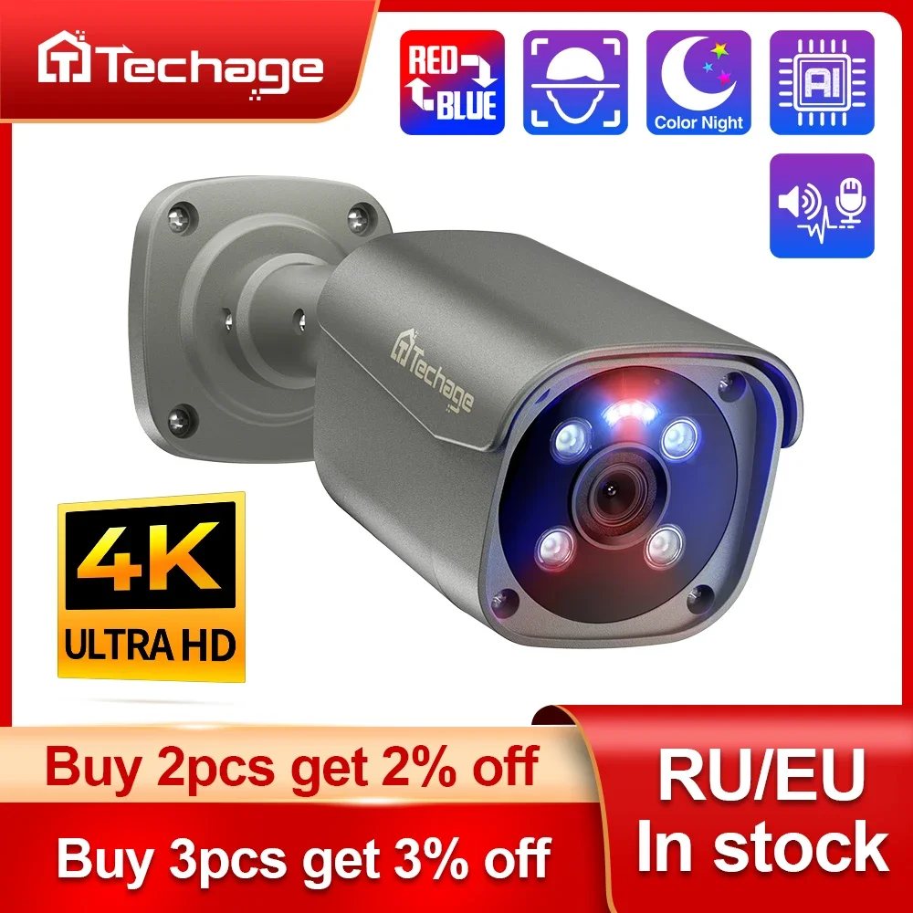 Techage-Caméra de surveillance extérieure IP PoE HD 8MP/4K, dispositif de sécurité sans fil, avec enregistreur vidéo, audio bidirectionnel