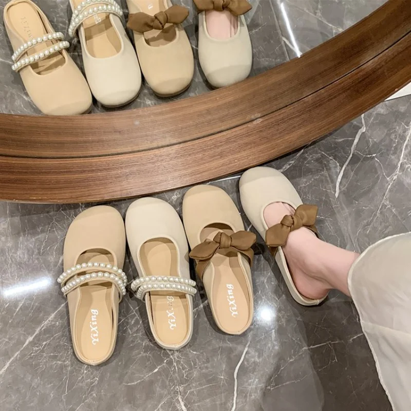 Fashion Bowknot Pearl Flat Bottom Baotou Half Slippers Women New 2024 Summer Shallow Mouth Mary Jane Single Shoes Casual Slides